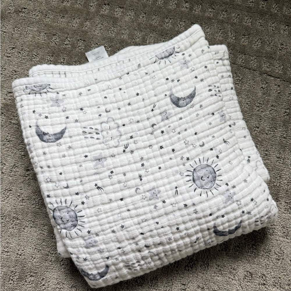 Pottery Barn Kids White Blanket with Gray Celestial Design